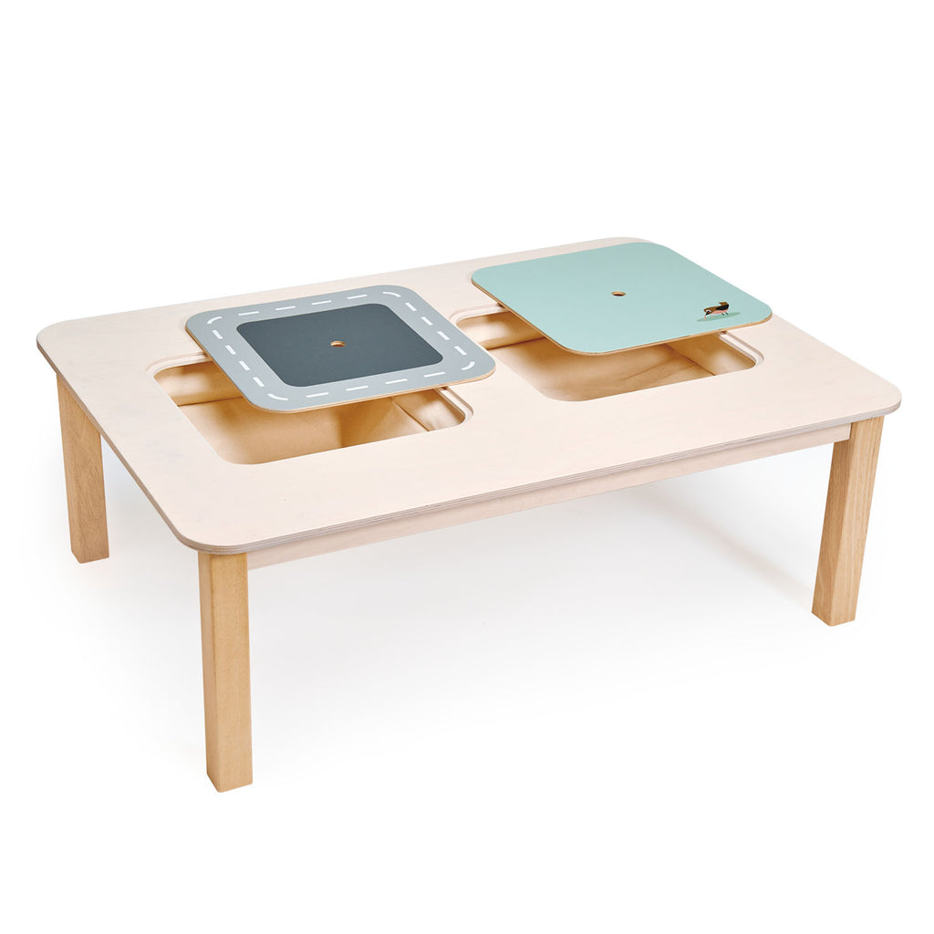 Tender Leaf Toys wooden large wooden play table for children made from plywood with 2 storage areas, made from strong canvas fabric
