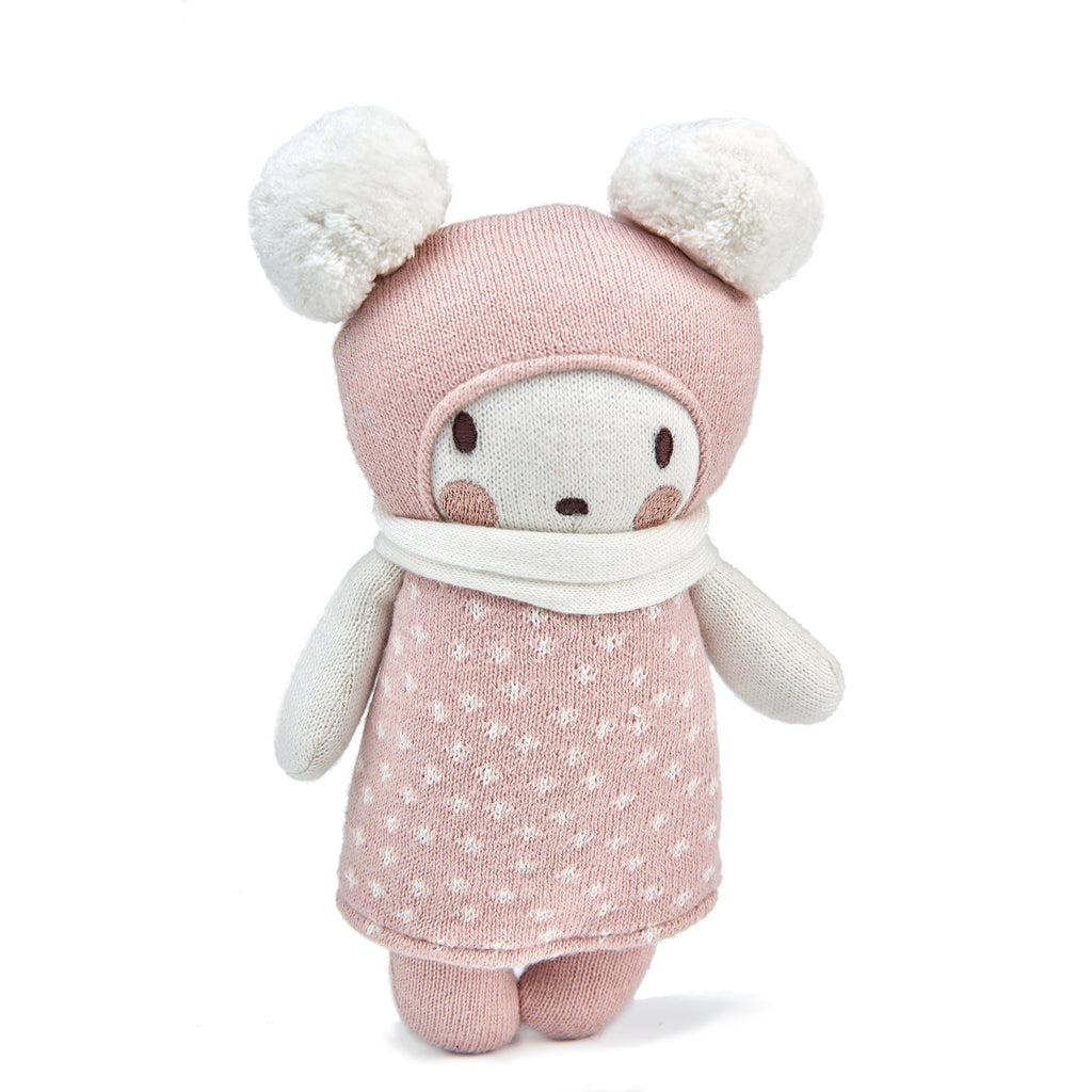 threadbear design baby and toddler toys soft knitted bear doll with pom pom ears and a scarf in spotty pink and white cream