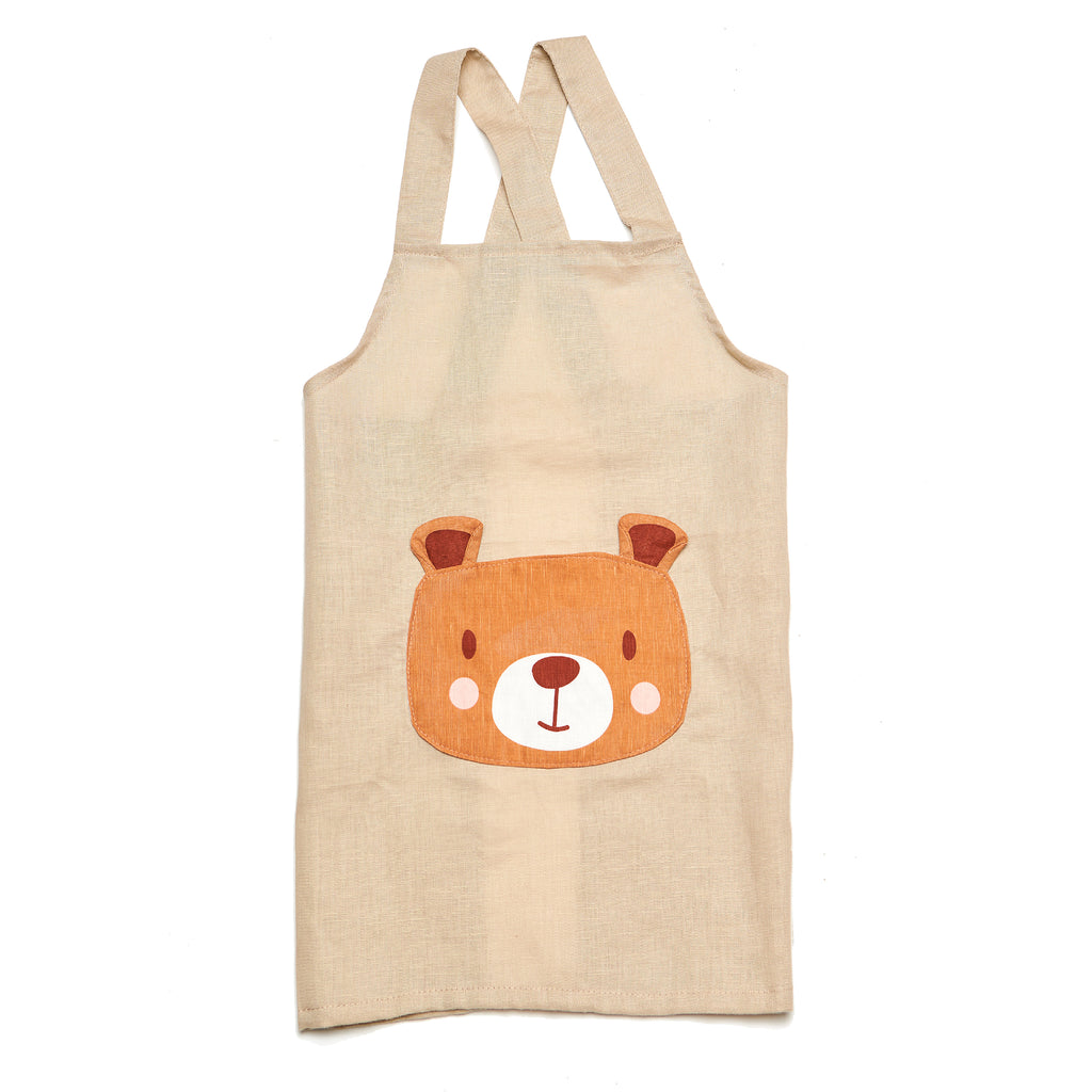 linen apron for children with bear pocket machine washable and plastic-free in beige
