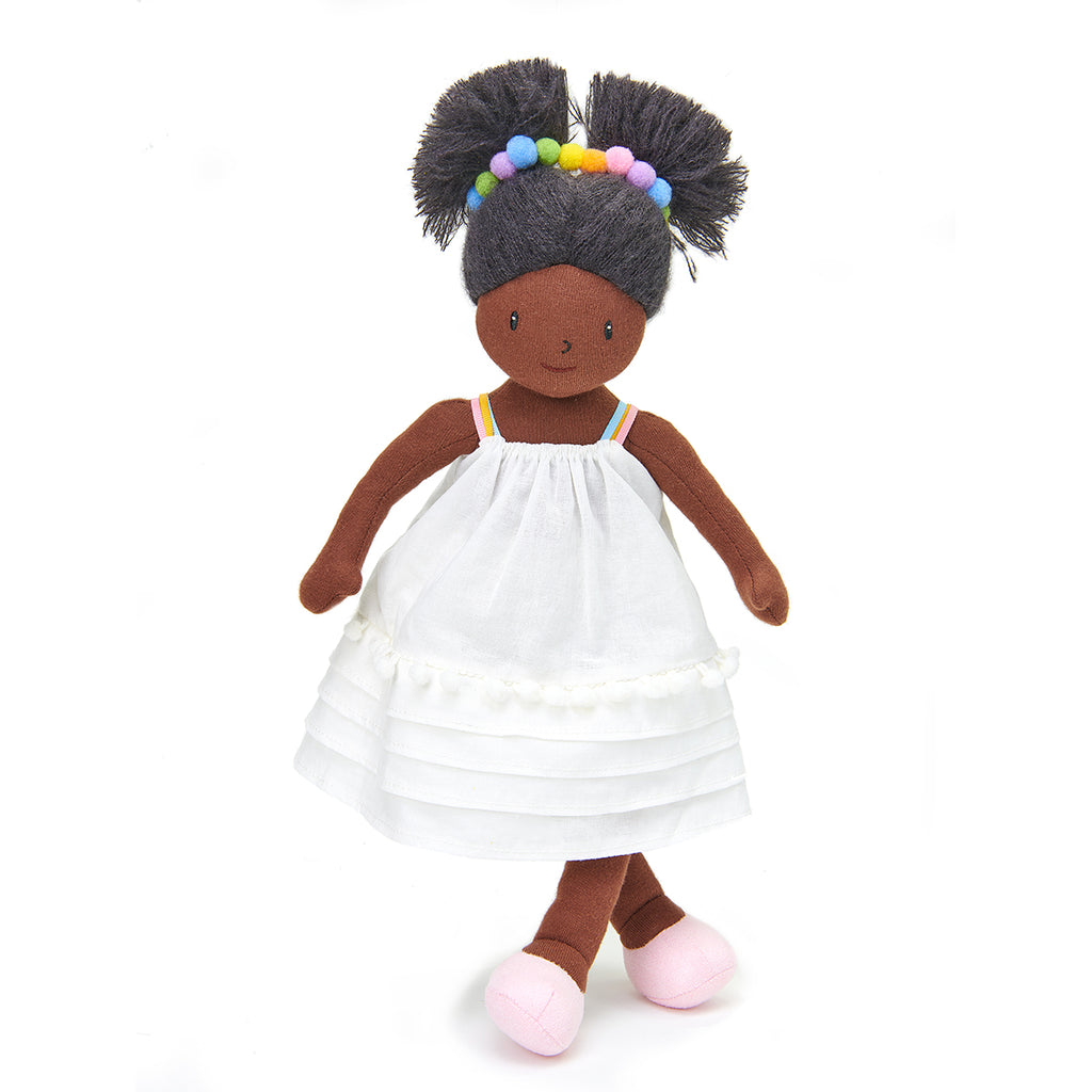 plastic-free rag soft doll with rainbow hair band and white dress