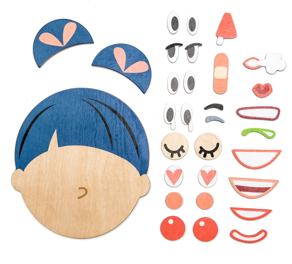 Tender Leaf Toys wooden magnetic face puzzle game with 28 magnetic facial parts to put together and convey all emotions