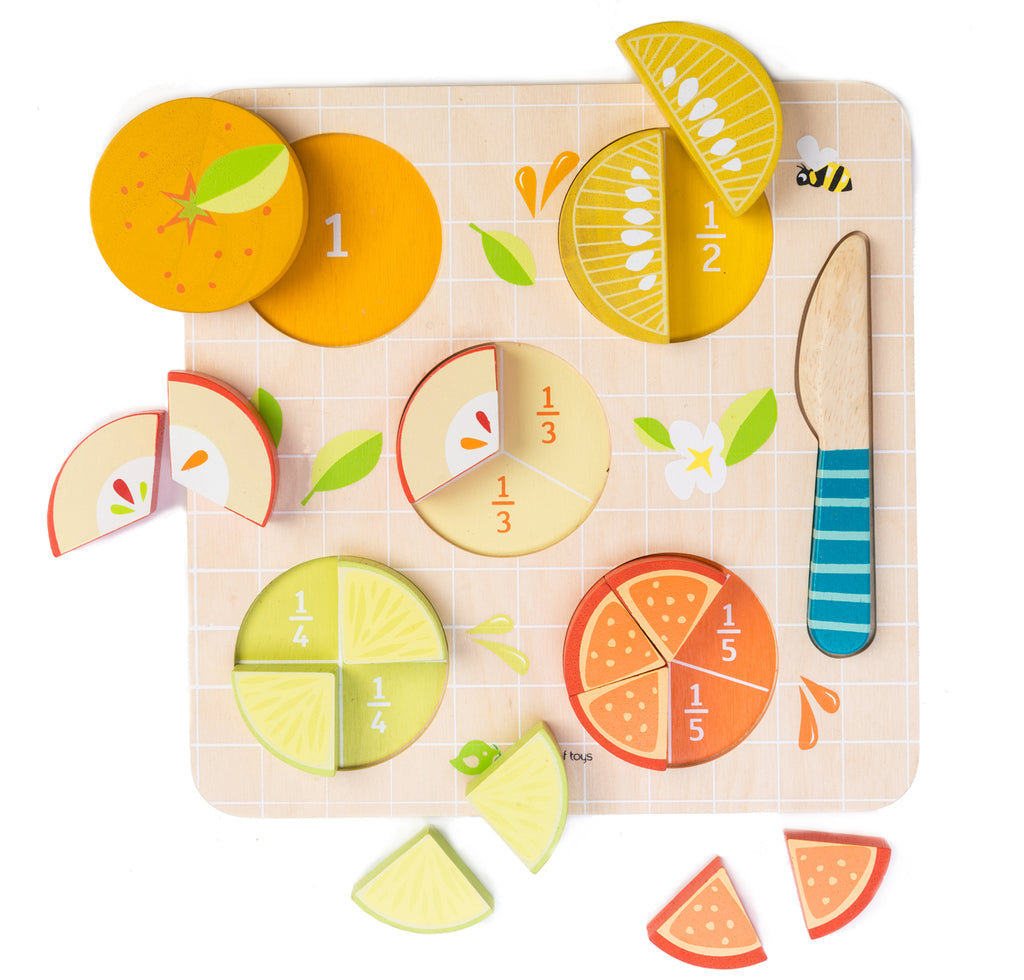 Tender Leaf Toys wooden 16 piece puzzle and knife to learn all about fractions